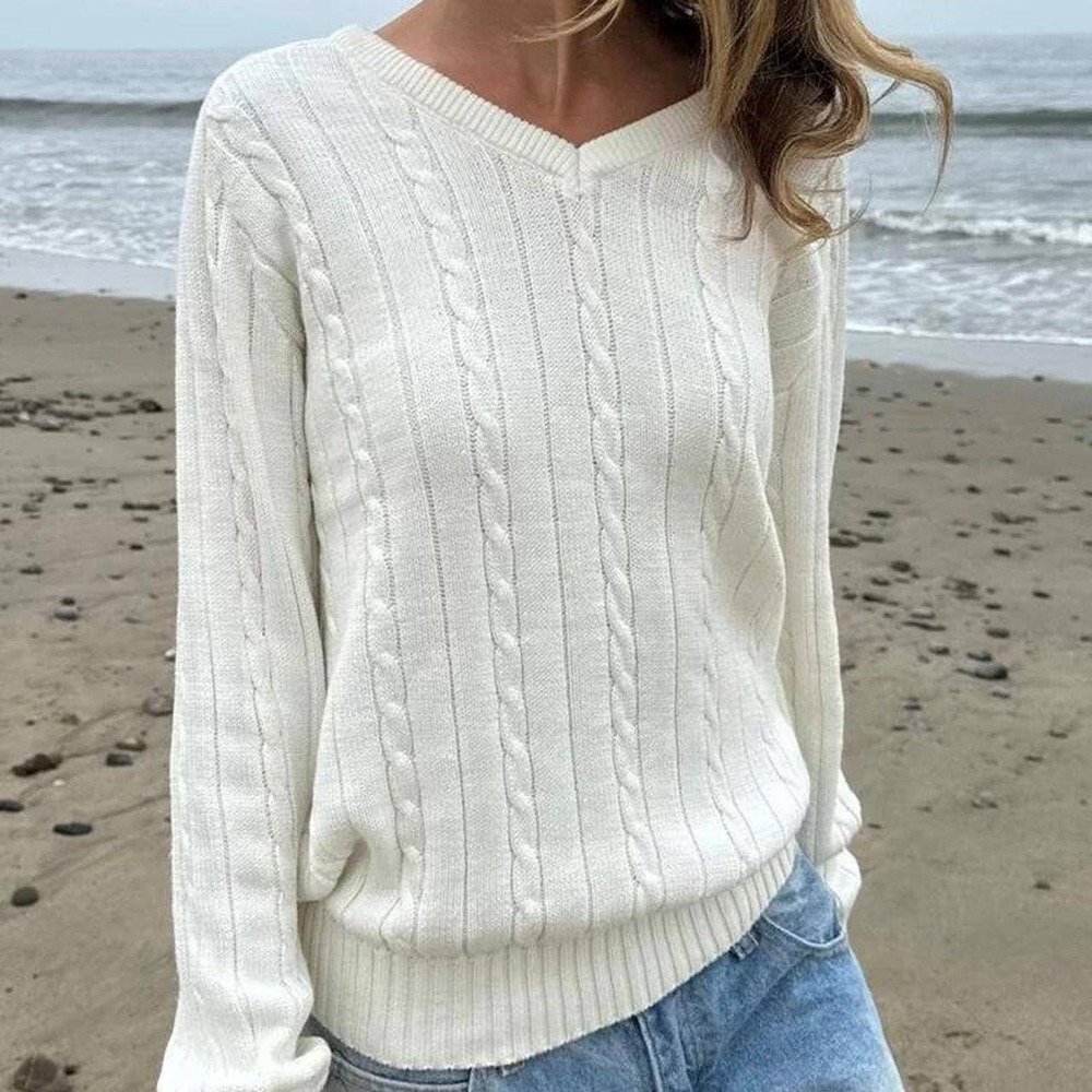 Brandy Melville Sweater Women One Sizeβ White Cable Knit Crew Neck Long Sleeve